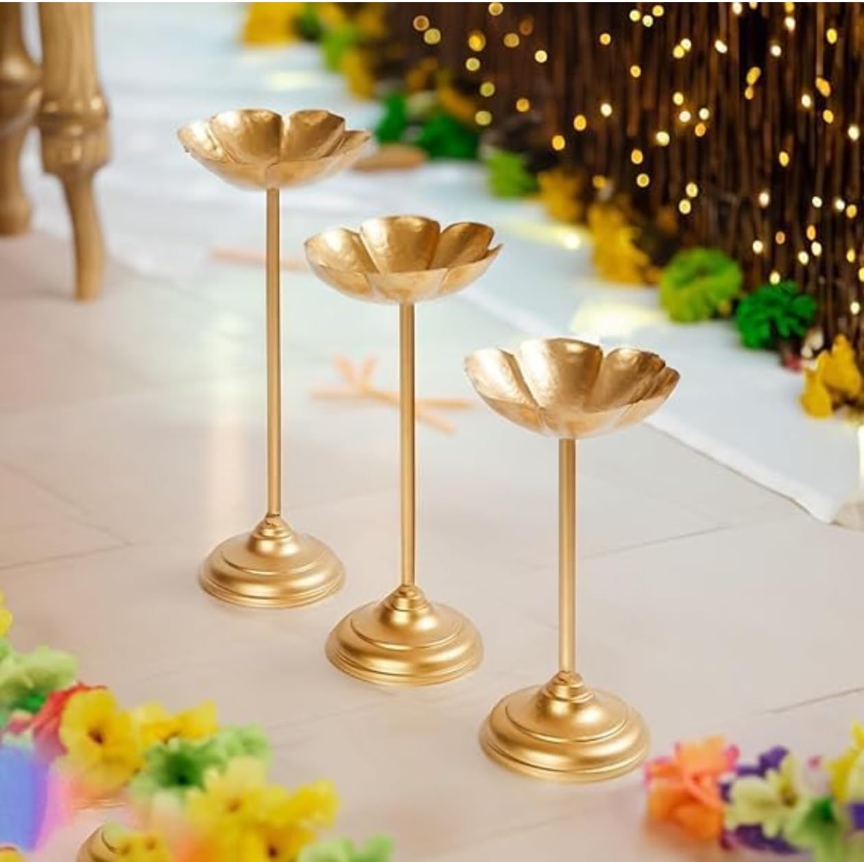 Tealight Holder Urli Bowl Stand | Set of 3 Decorative Stands for Home Decor | Floating Diya Display Piece | Urli Bowl for Diwali and Pooja-image-0