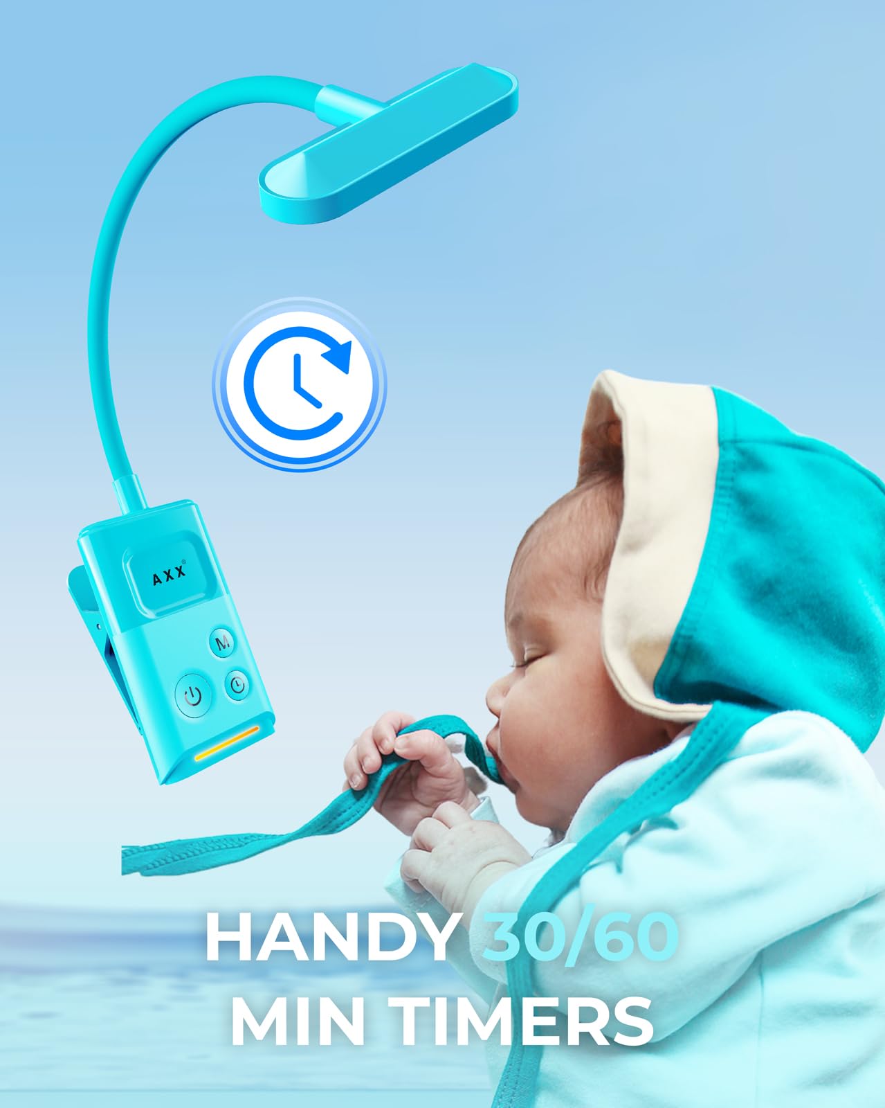 AXX Lampada da lettura ricaricabile per bambini, con clip, a batteria, 1000 mAh, timer da 30/60 minuti, accessori di illuminazione per auto da viaggio di notte, blu nebbioso