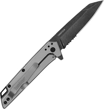 Kershaw Misdirect Pocketknife; 2.9 in. 4Cr13 Serrated Black-Oxide Blackwash Finish Blade & Grid Pocketknife, 3.7 8Cr13MoV Steel Drop Point Plain Edge Blade