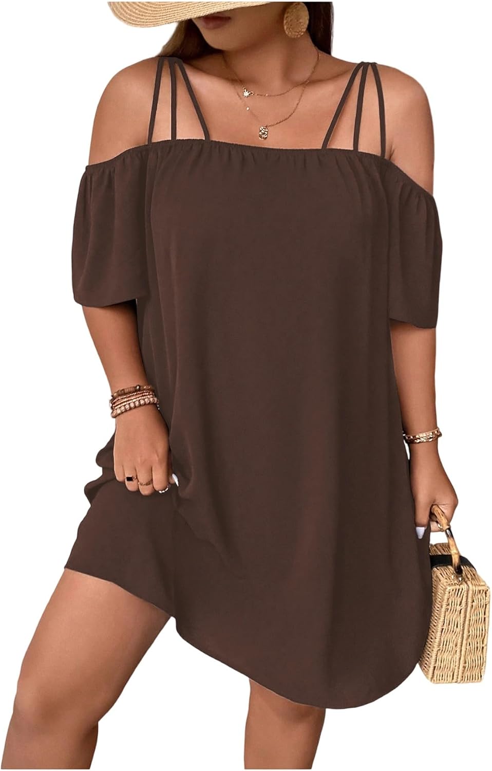 SOLY HUX Women's Plus Size Dresses Off Shoulder Short Sleeve Short Dresses Causal Loose Tunic Summer Dress