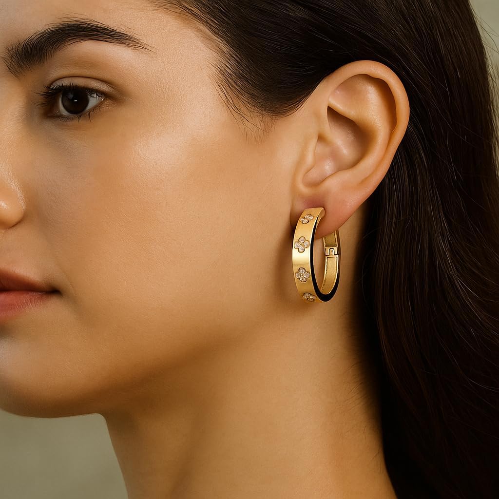 CZ Hoop Earring – Fun Gold Tone Hoops with Flowers | Unique Bohemian Fshion Jewelry for Women | Hypoallergenic Everyday Fashion