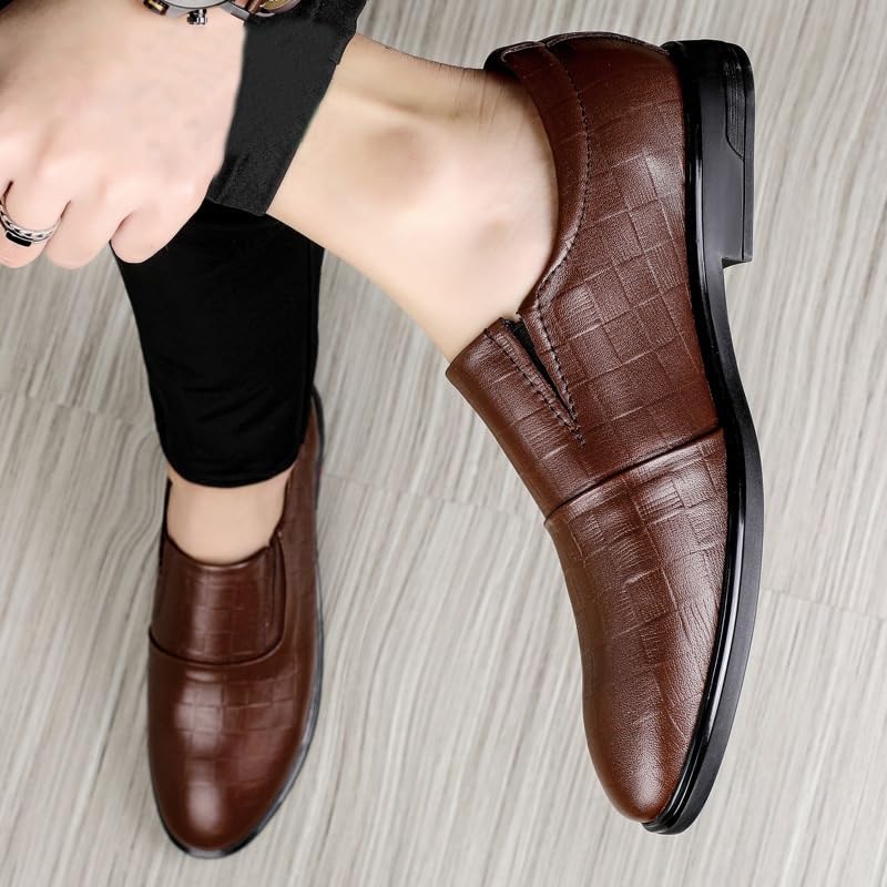 Brown Slip On Men Casual Leather Shoes Wedding Men's Dress Shoes Vintage Mens Business Shoes Comfortable Men Flats Shoes Trendy Checkered Loafers Shoes3