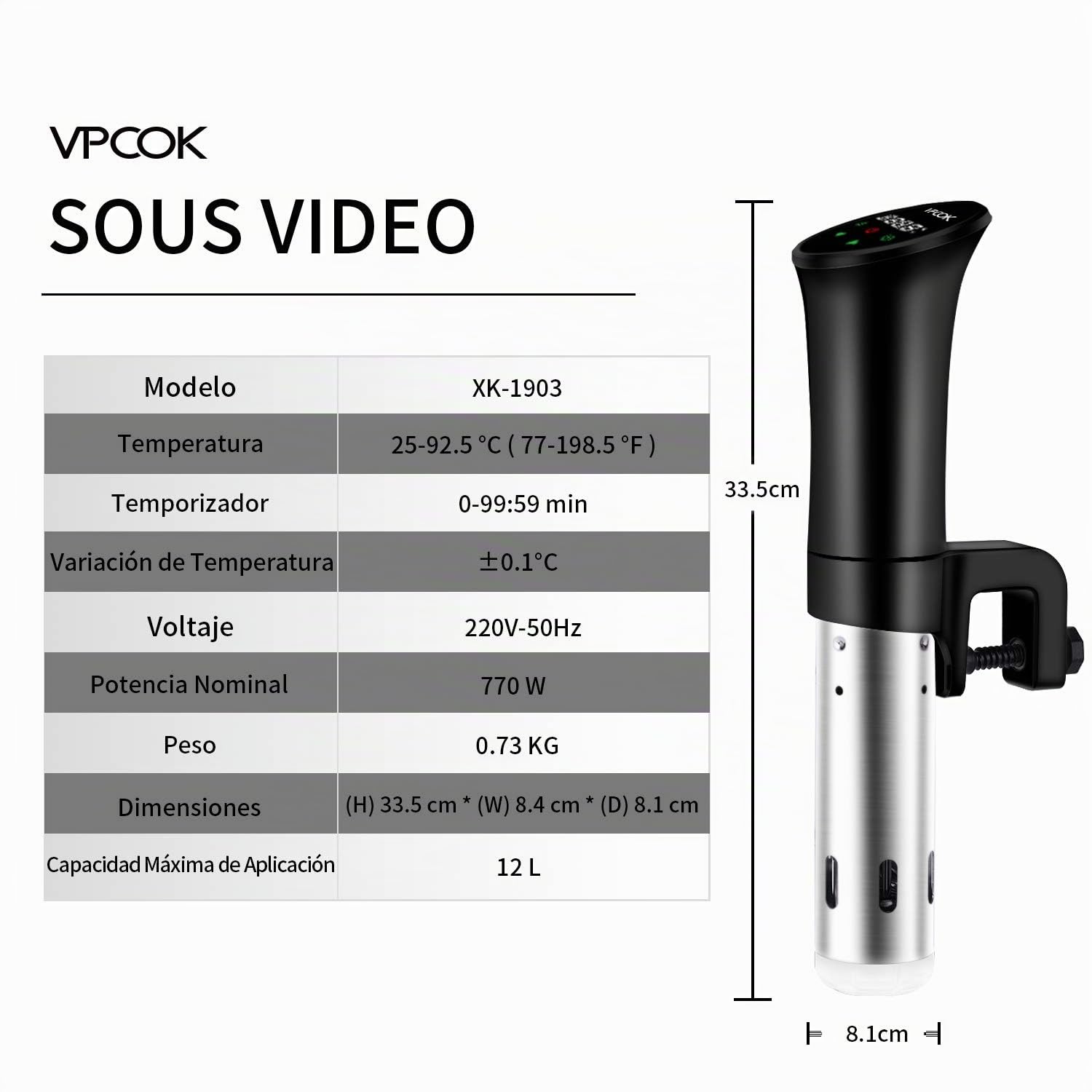 Vpcok Direct - Sous Vide Aparato de Cocina Precisión, 770W, Pantalla Táctil Inteligente, Temporizador, Cocinero Circulador, Máquina de Cocción al Vacío de Acero Inoxidable, Recetario