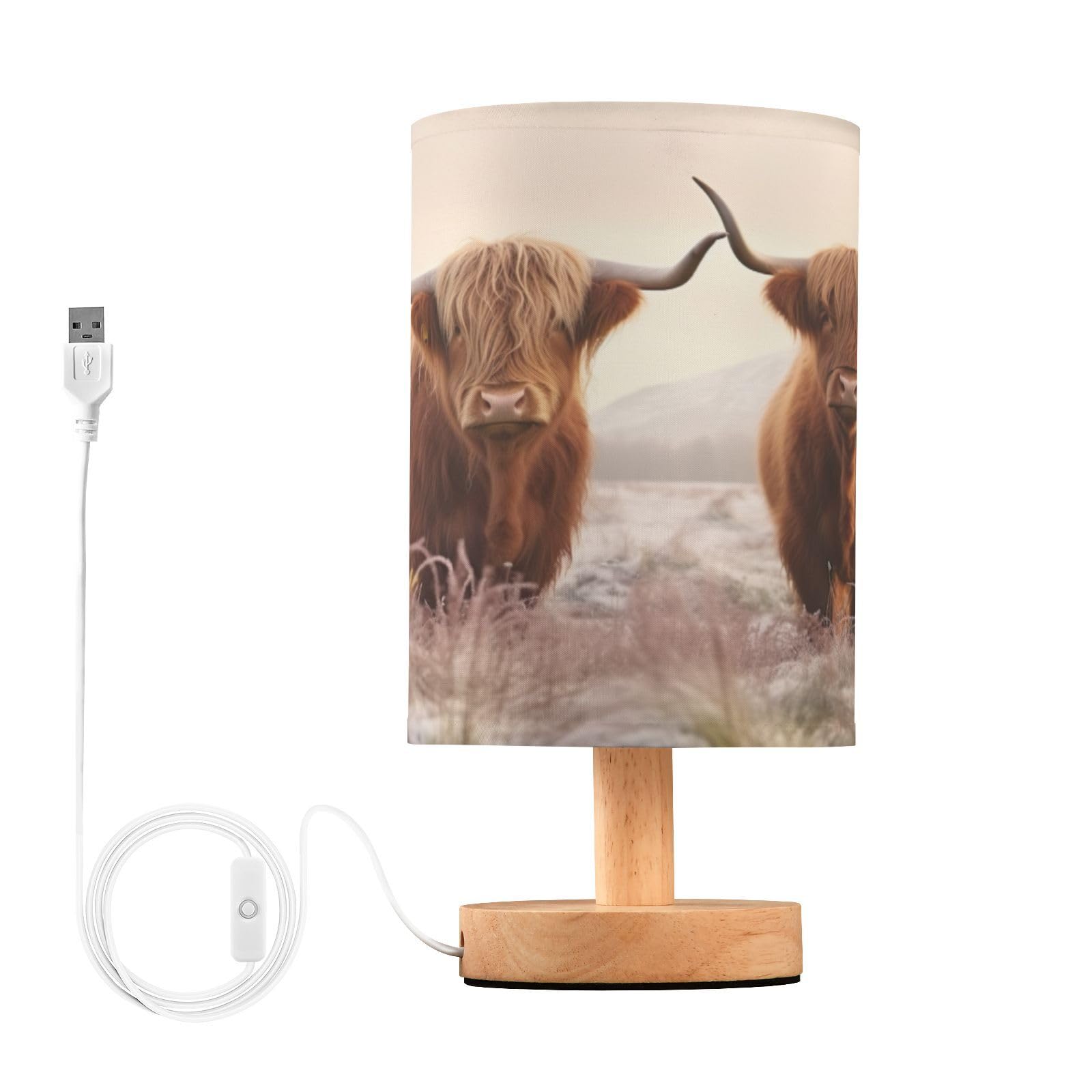 Cgiub Highland Cow Bedside Table Lamp LED Nightstand Lamp Desk Reading Lamp with Fabric Shade Wood Base & USB Port for Bedroom Kids Room Living Room Office