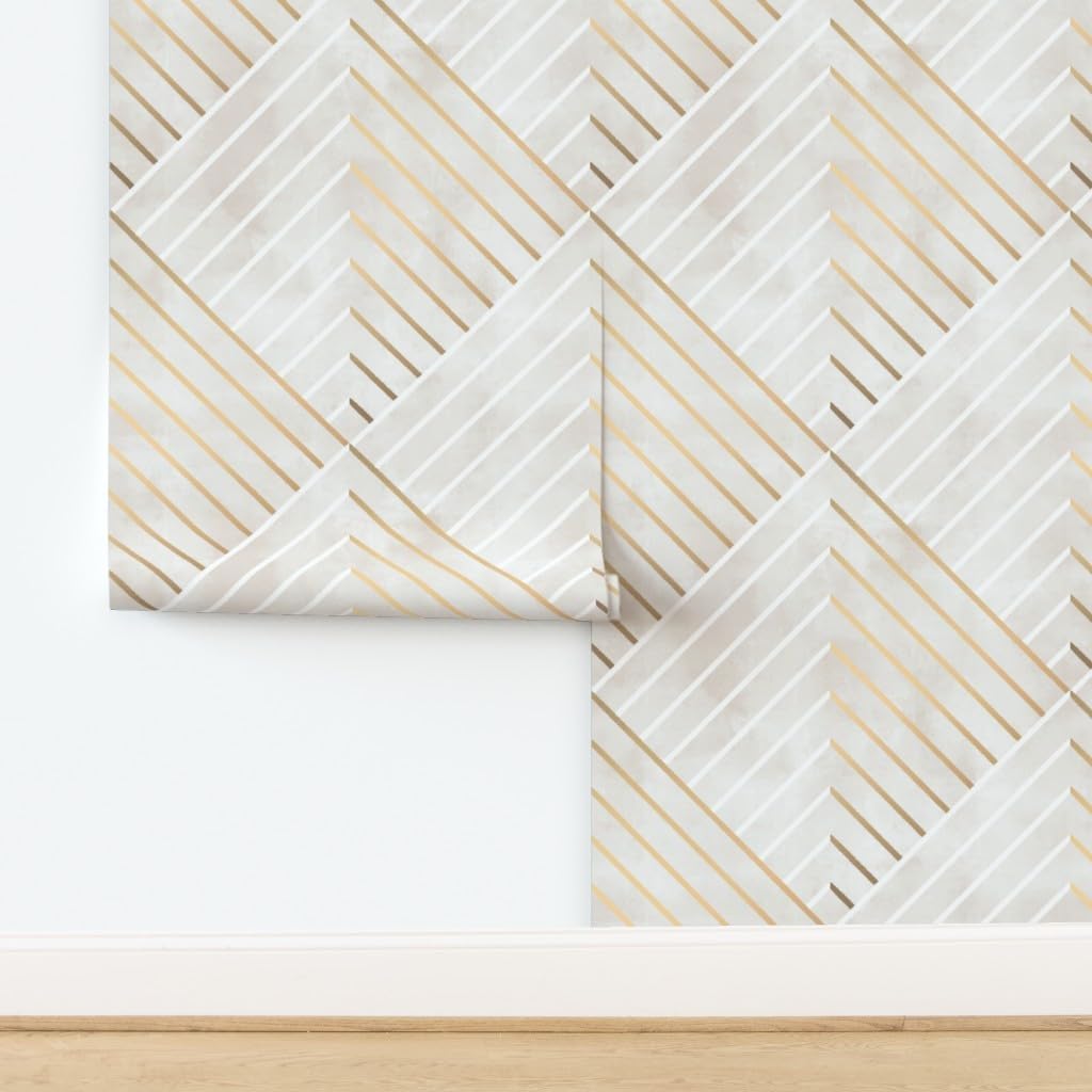 Removable Wallpaper 3ft x 2ft - Pink Marble Art Deco Lines White Diamonds Chic Gold Geometric Custom Pre-Pasted Wallpaper by Spoonflower