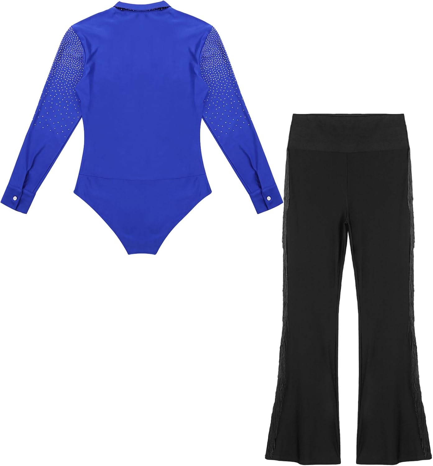 Mens Latin Dance Outfit Ballroom Chacha Salsa Dance Sparkly Leotard with Tassel Flared Pants Set