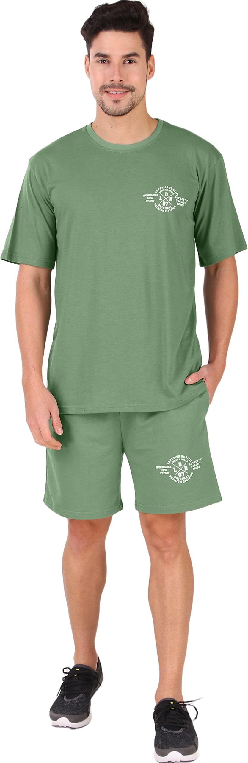 London Hills Cotton Blend Casual Style Round Neck Co-Ord Set For Men's Green (Large)