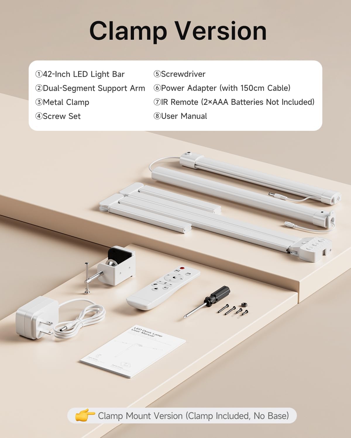 ONEMIX 42" LED Desk Lamp with Clamp, Architect Desk Light with Remote, Adjustable 4-Segment Bar, 1800LM Bright, Eye-Caring Desk Lamp for Home Office, Reading, Study, Dual Monitors, Workbench (White)