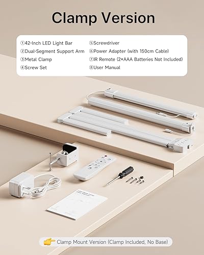 Miniatura 6 de ONEMIX Lámpara de escritorio LED de 42 pulgadas con abrazadera, luz de escritorio de arquitecto con control remoto, barra ajustable de 4 segmentos,