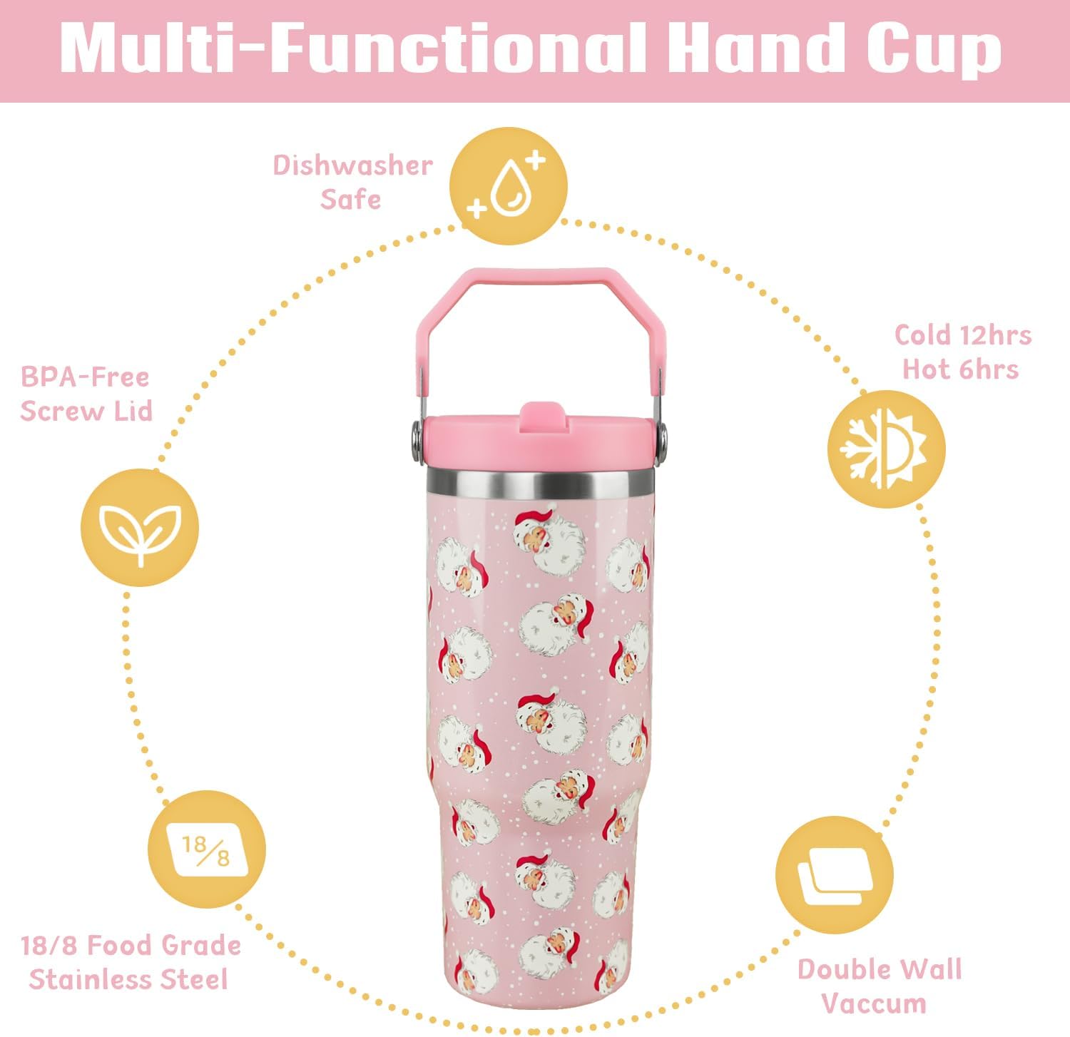 30 oz Christmas Tumbler Santa Claus Coffee Mug Leak Proof Insulated Cup with Handle Flip Straw Water Bottle Xmas Winter Gifts Decor - Image 4