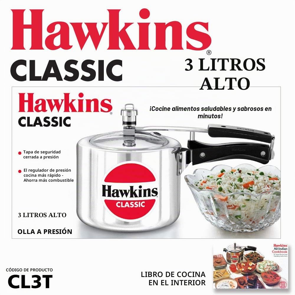 Hawkins Olla a presión clásica de 3 litros, diseño alto, tapa interior, mejor cocina, color plateado (CL3T)