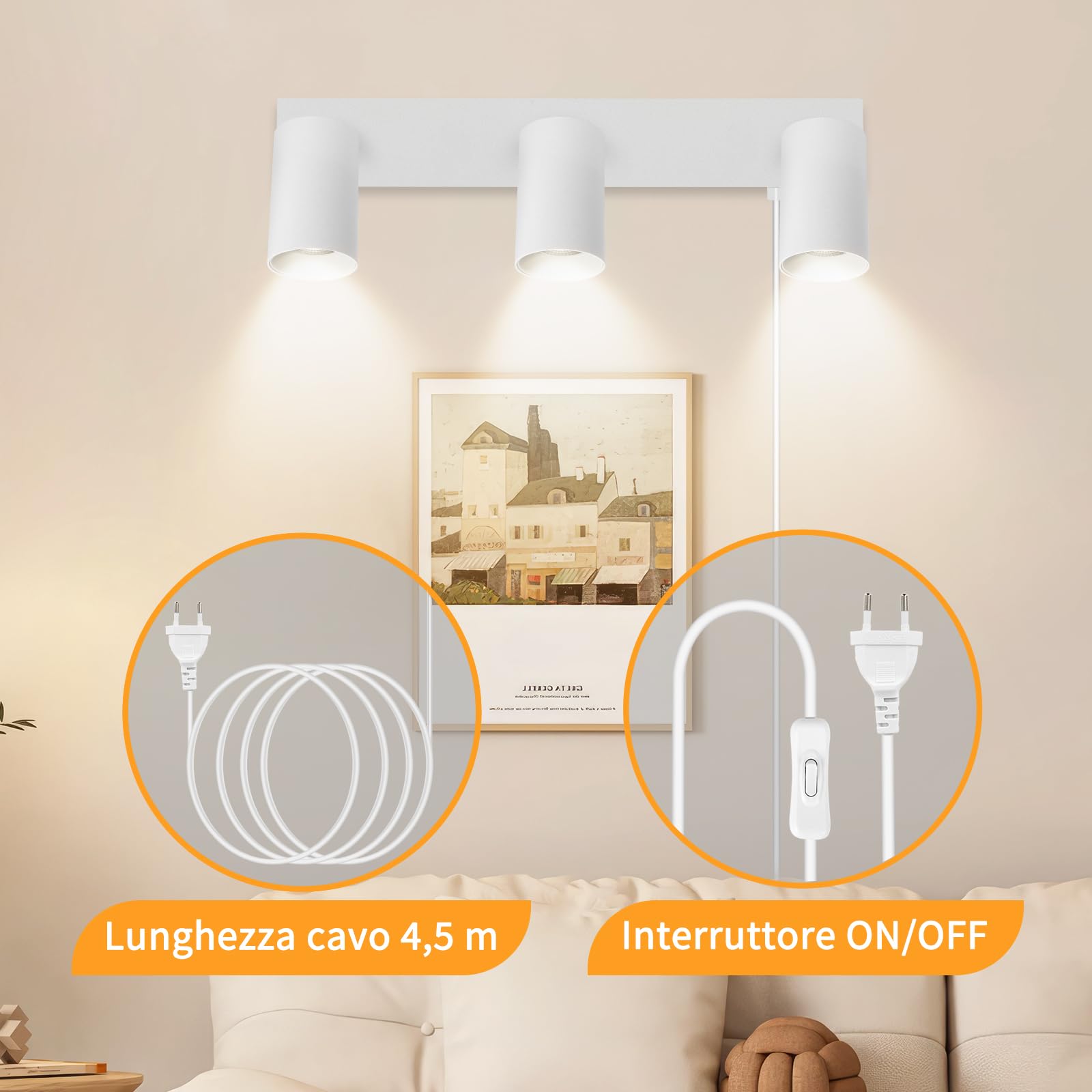 Applique da Parete con Spina e Cavo 3 Luci Bianco GU10 - Lampada da Muro Interno Moderna Ruotabile 350° - Abat Jour da Muro per Camera da Letto Soggiorno Pittura Murale - Senza Lampadina