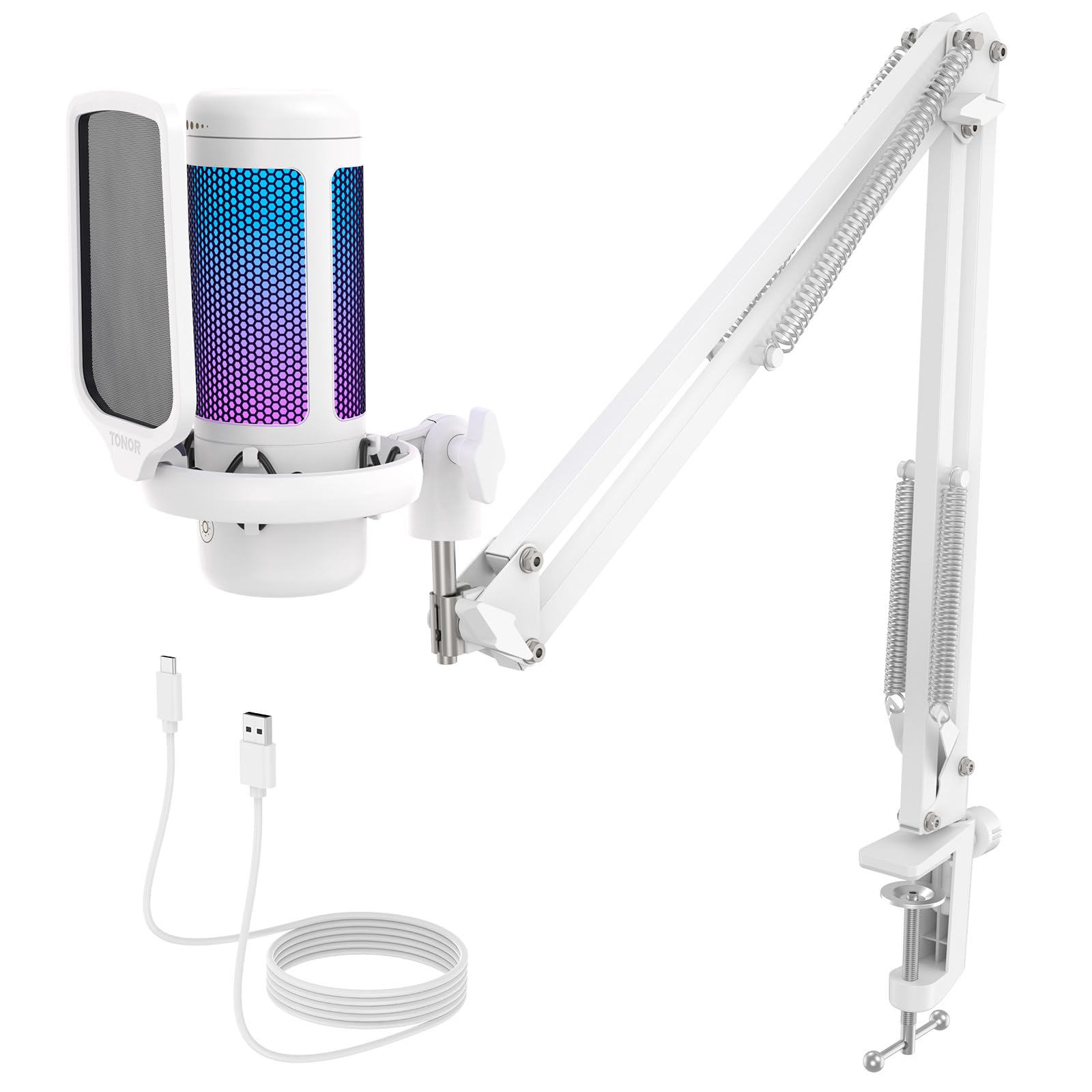 TONOR Gaming Microphone Arm Set, RGB Condenser Mic with Boom Arm, Quick Mute, Adjustable RGB Brightness, Pop Filter, Shock Mount, Gain Control for Streaming, Discord Twitch YouTube,TC310+ White