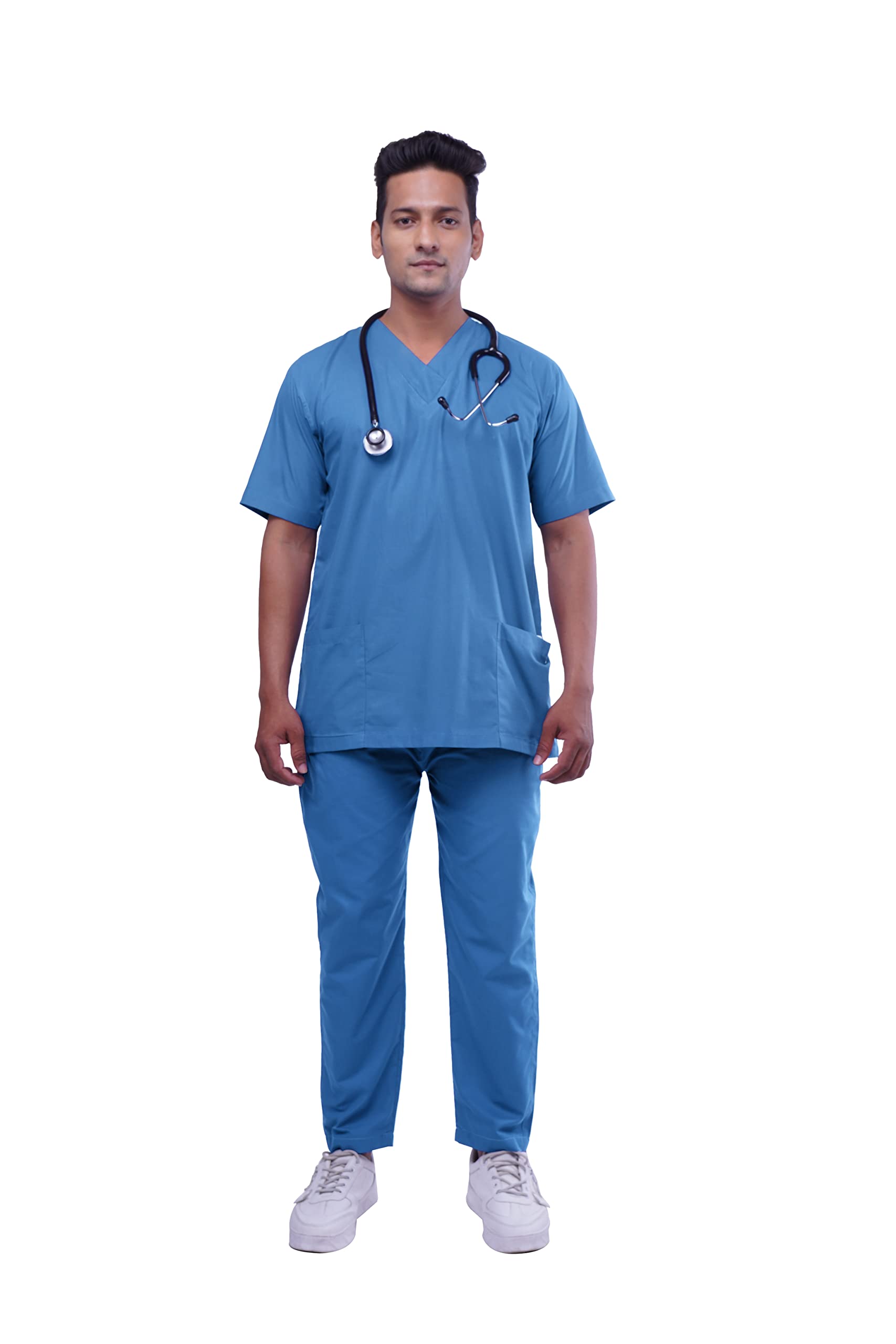 Being Cared Scrubs for Doctors Male| Men's Classic V Neck Scrub Suit in Basic Fabric, Professional Half Sleeves Uniform for Hospital Staff, 4 Pockets Scrub, Sky Blue, Size: Large
