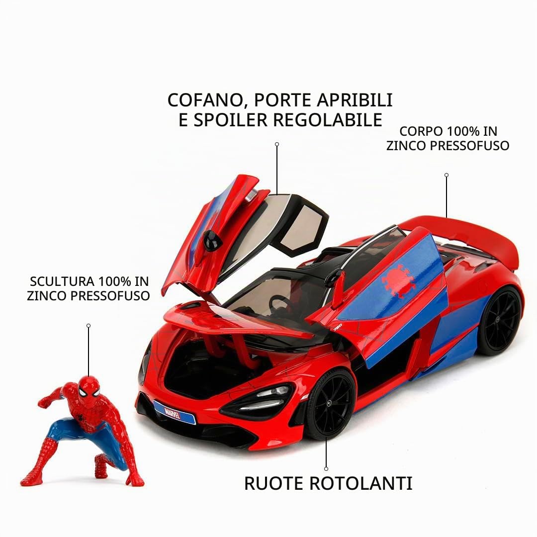 Jada Toys Marvel Auto McLaren 720S (19 cm) con personaggio Spider-Man (5 cm) - Modellino auto con parti apribili, set di giocattoli in metallo per fan e bambini dagli 8 anni in su