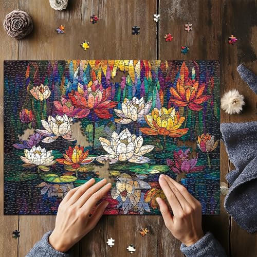 Image of iDream 1000 Pieces Jigsaw Puzzle - Artistic 3D Design, Colorful Wall Decor, Challenging Puzzle Gift for Friends & Family (Stained Glass - Lotus)