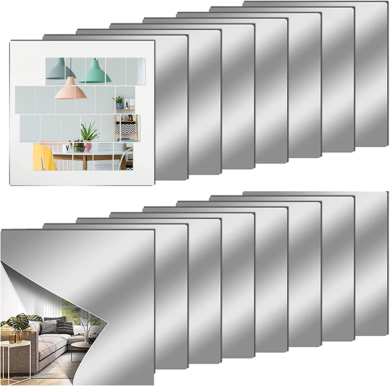 12" x 12" Acrylic Flexible Mirror Sheets, 16 Pack Self Adhesive Mirror Tiles Square Cuttable Mirror Wall Stickers, Non-Glass Plastic Mirror Stickers Safety Reflective for DIY Craft Home Wall Decor 12“x12" - 16PCS