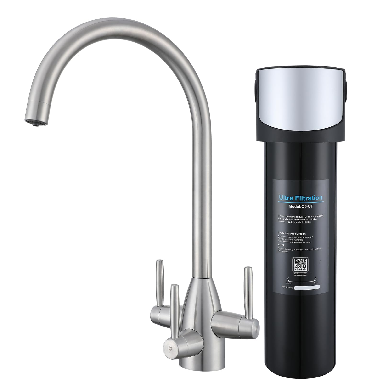 3 Way Drinking Water Tap Stainless Steel Kitchen Sink Mixer Tap Hot Cold Filtered Water Kitchen Tap with Water Filter Swan Swivel Spout Triple Lever Handle