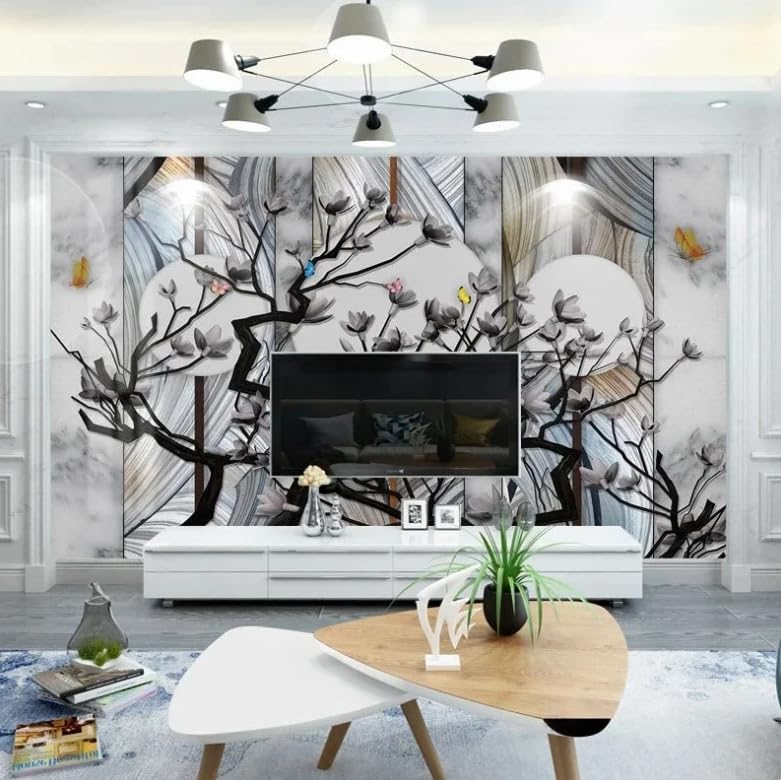 Papier peint 3D marbre et fleurs pour salon chic | 400x280 cm