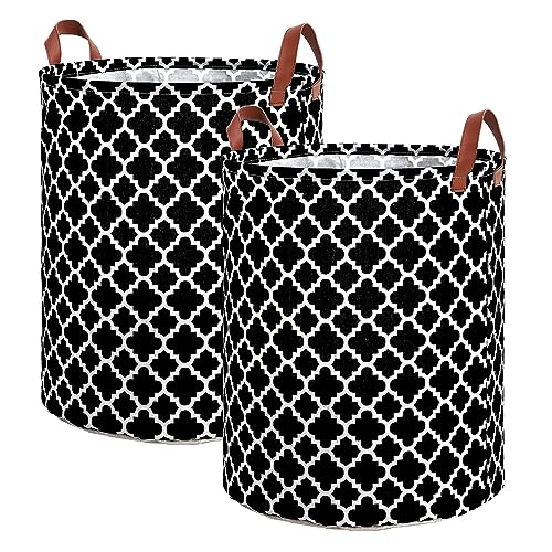Image of MAQIAO 2 Pack Collapsible Laundry Hamper Basket, Large Tall 63L Freestanding Waterproof Clothes Basket, Round Storage Organizer with Leather Handles for Dirty Clothes, Home Storage (black DL)