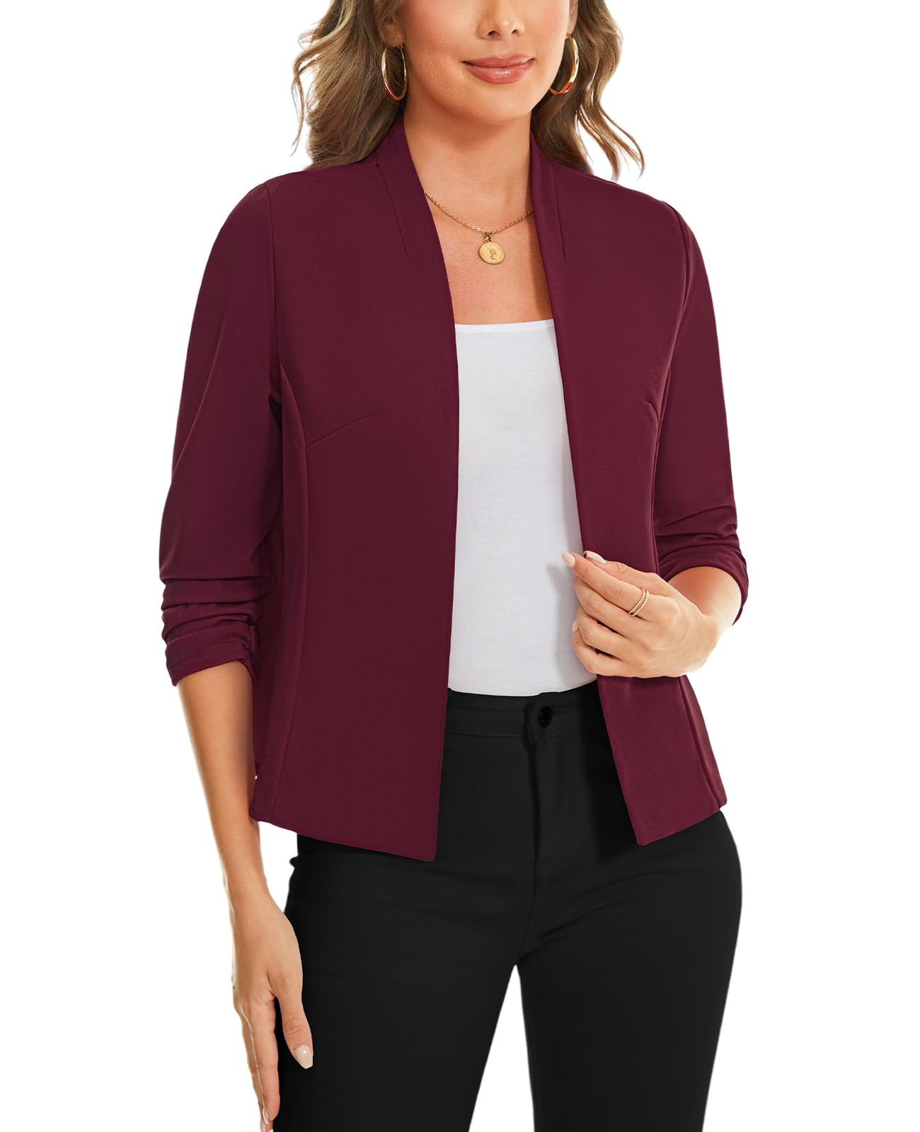 Womens Blazer Jackets Open Front 3 4 Ruched Sleeve Collarless Cardigan Blazers