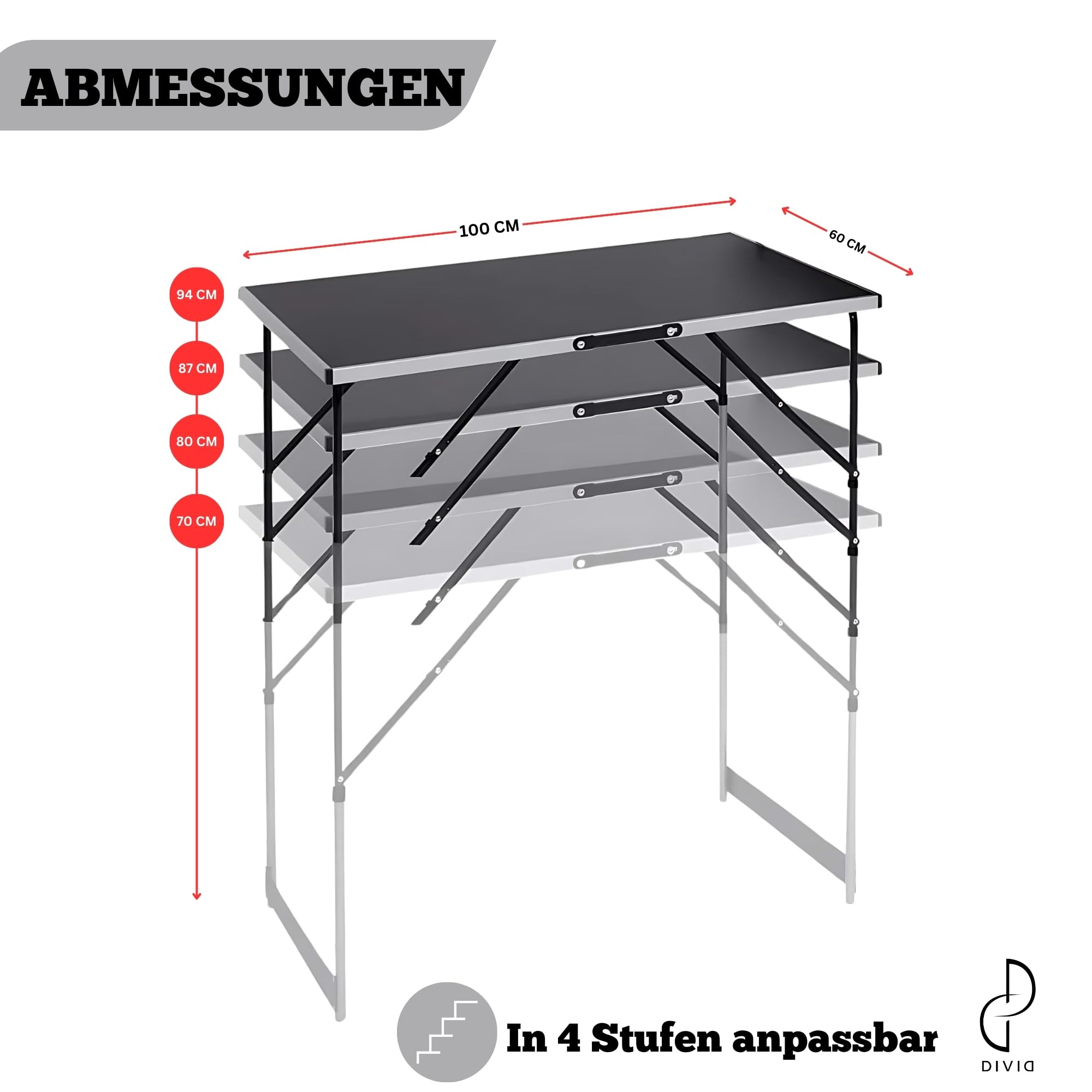 DIVID® Multifunktionstische 3-Teiliges Set, 100x60cm, Tapeziertisch 30 kg Tragkraft je Tisch, Klapptisch, Campingtisch, Flohmarkttisch, Beistelltisch, Mehrzwecktisch, Höhenverstellbar, Mahlertisch