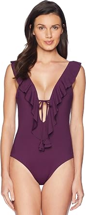 ملابس سباحة نسائية من Becca by Rebecca Virtue Ruffle Plunge One Piece من Merlot M
