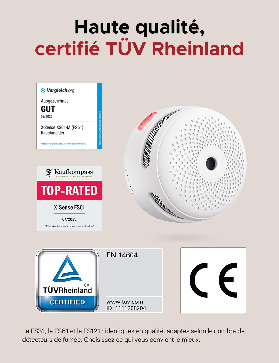 X-Sense Détecteur de Fumée Connecté, Kit de Sécurité pour la Maison avec SBS50 Station de Base, Conforme à la Norme EN14604, Compatible avec l'Appli X-Sense Home Security, FS31
