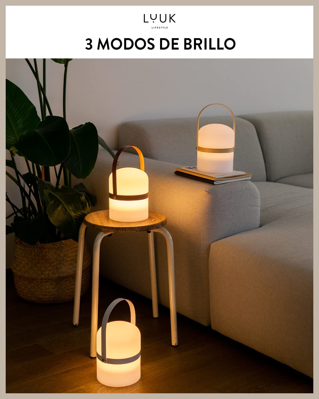 LUUK LIFESTYLE Linterna LED moderna para exteriores e interiores, lámpara de mesa con batería de madera en diseño escandinavo, duración de luz de 72 horas