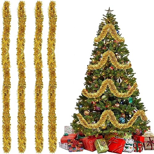 4 Piezas Guirnalda Espumillón De Navidad, Espumillon Arbol Navidad, Espumillón De Navidad, Guirnalda Metálico De Navidad, Guirnalda Oropel De Navidad para Fiesta Árbol De Navidad(2 Metros, Oro)