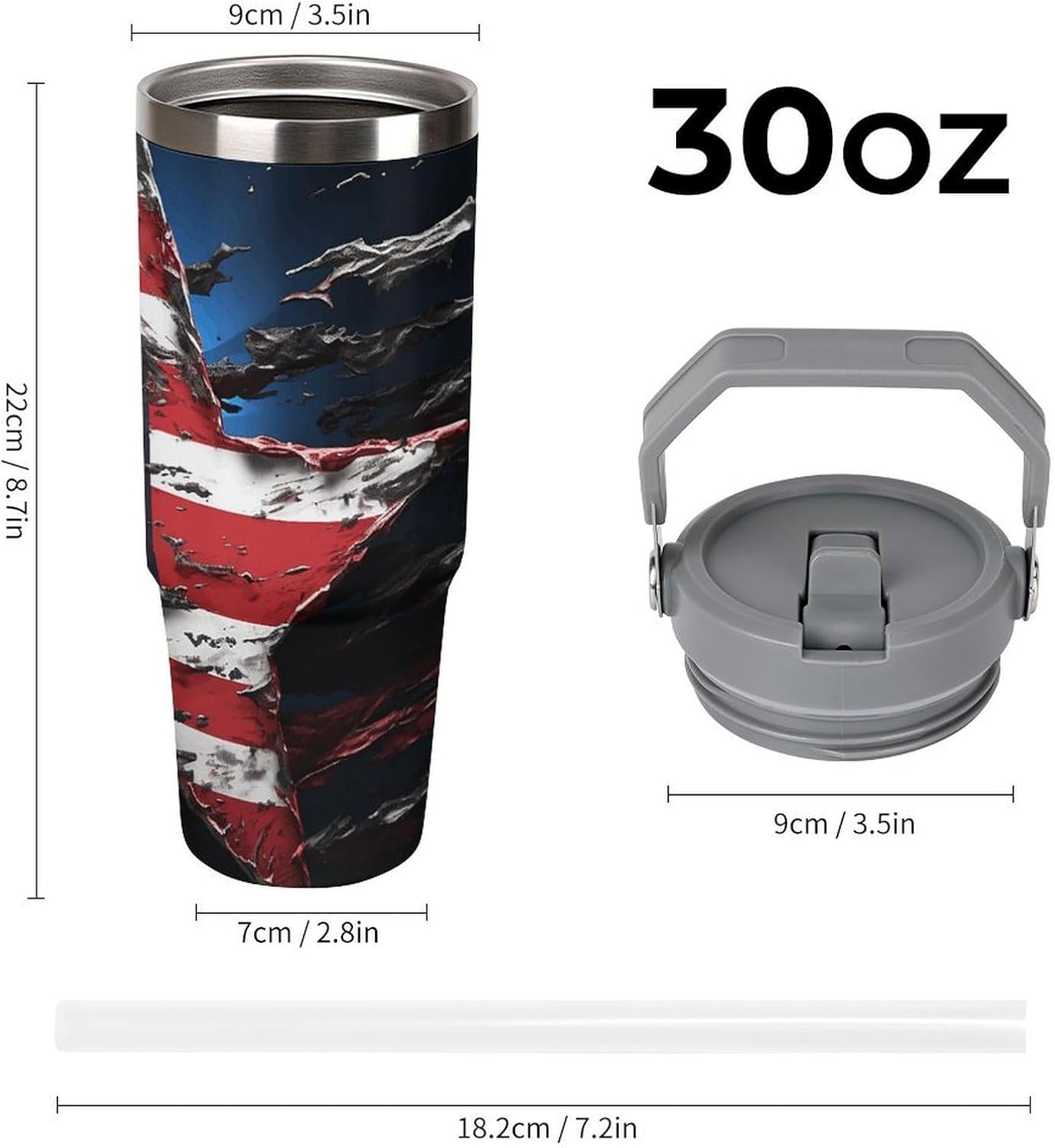 30oz Insulated Tumblers with Top Handle, Stainless Steel Flag Stars Car Cup with Straw for Gift, Leak-Proof Double Wall Vacuum Travel Mug, Personalized Water Bottles White