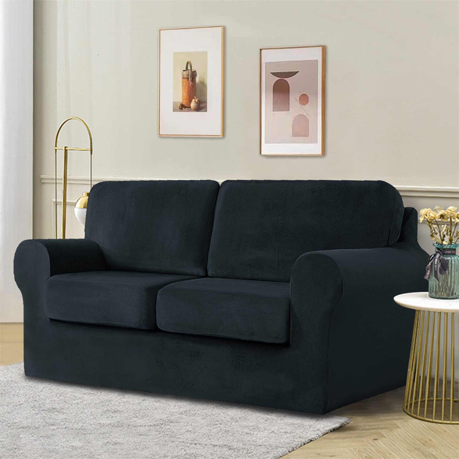 Sofa Cover 2 Seater 5 Pieces Set - Super Soft Stretch Velvet Sofa Slipcovers Sofa Protector Couch Covers with Separate 2 Backrest Cover and 2 Seat Cushion Cover for Living Room (Black) — image 1