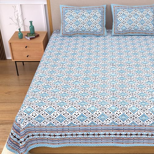 Image of India 100% Pure Cotton Jaipuri Printed Double Bedsheet with 2 Pillow Covers | Traditional Sanganeri Floral Design | Soft Breathable Fabric | King Size Bedsheet for Bedroom (Kaya40)