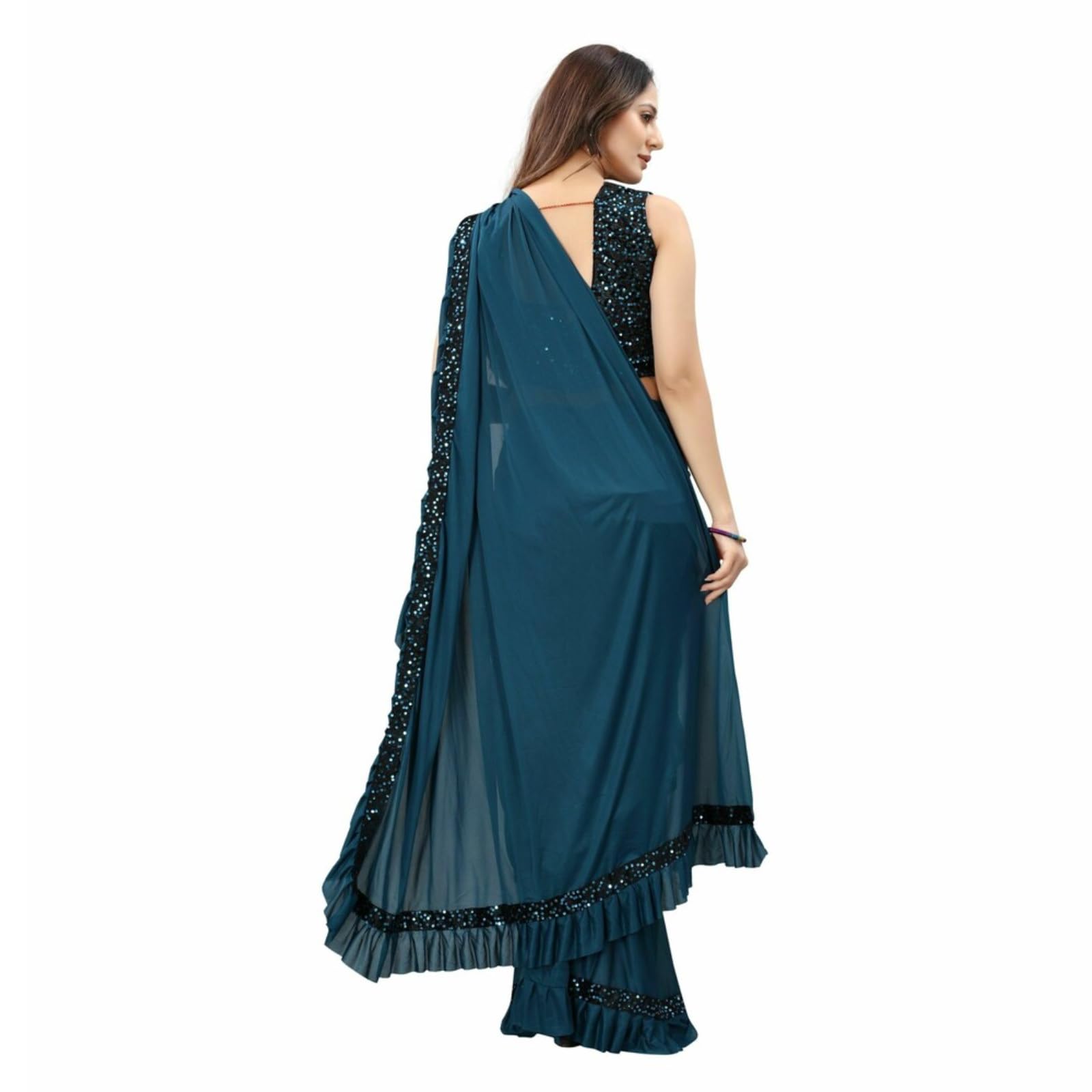 Dhyey fashion Fashionable Baby Girls Lycra Blend Saree with Velvet Unstitched Blouse Piece | Readymade Saree For Girls | Sarees For Girls | RTW Kids Teal Blue Saree 4-5 Years S - Image 5 thumbnail