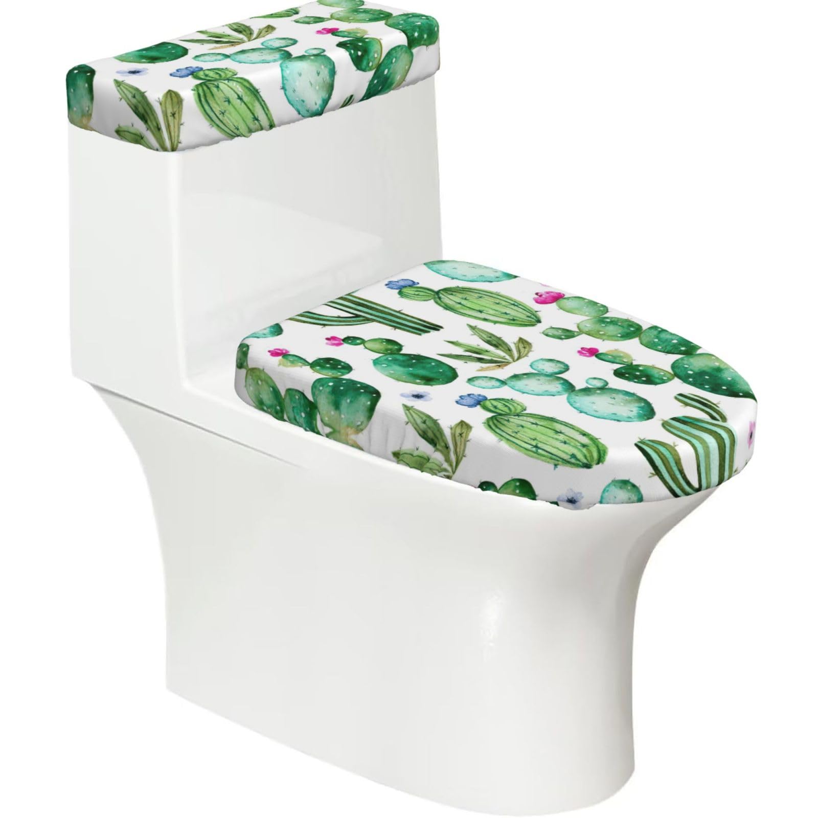 Tropical Cactus Tree Flower Print 2-Piece Stretch Toilet Cover Set, Elastic Breathable Toilet Seat and Tank Lid Protector