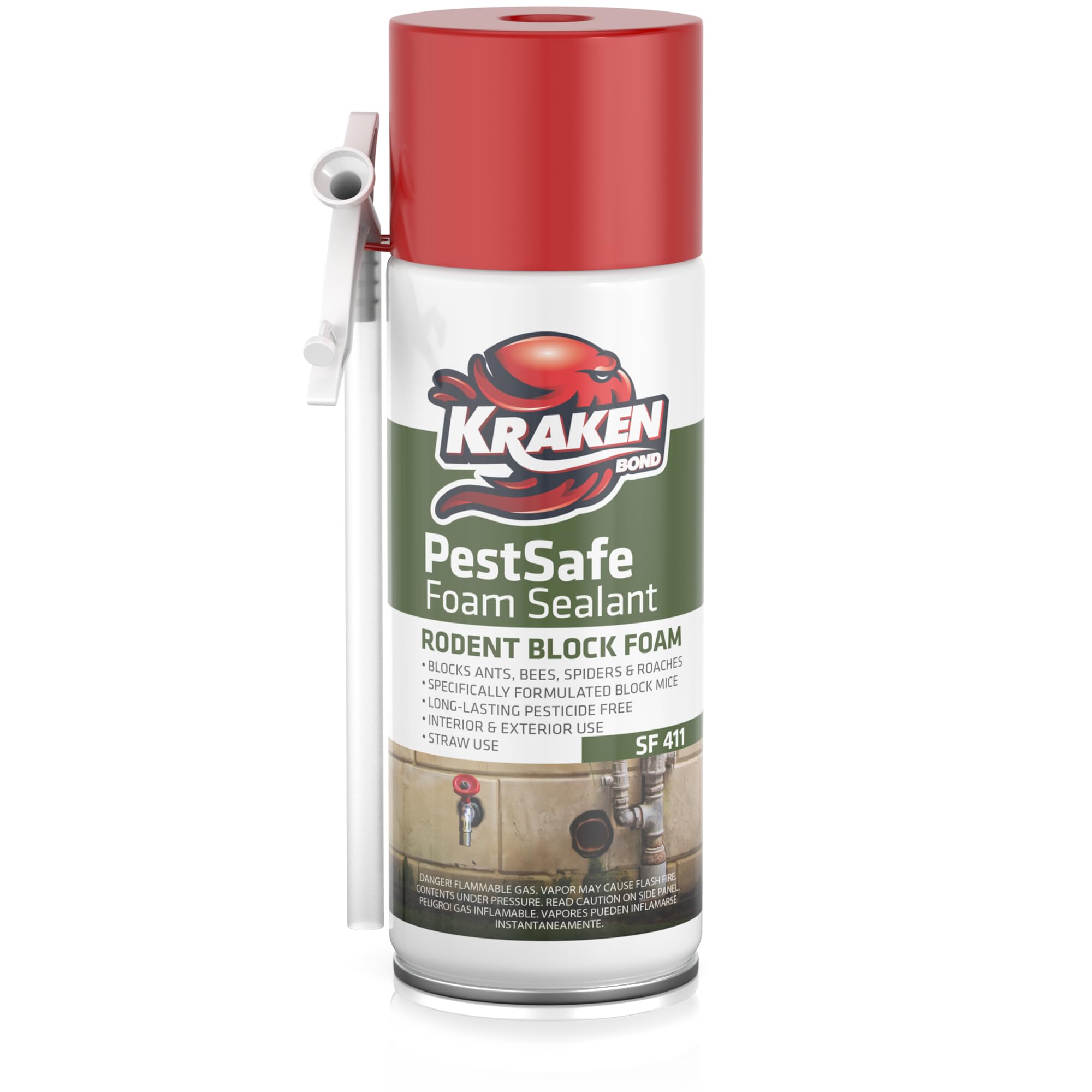 Kraken Bond Pestblokc Spray Foam Sealant - (1x12oz) Polyurethane Expanding Foam Sealant for Gaps & Cracks with Mothball Odor, Straw-Application,