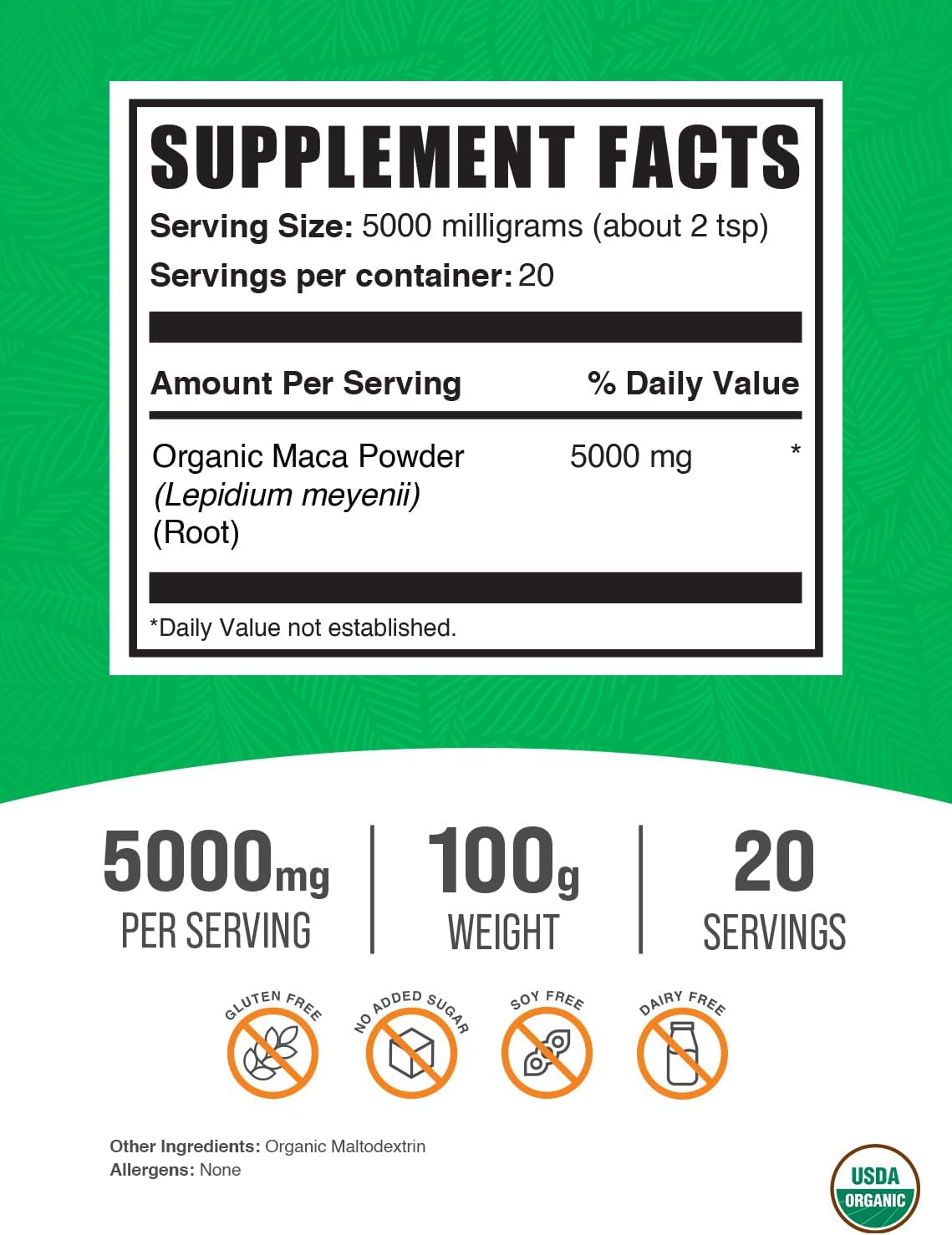 BulkSupplements.com Organic Maca Powder - Organic Maca Root Powder, Superfood Supplement - Gluten Free, 5g per Serving, 100g (3.5 oz) (Pack of 1) - Image 2