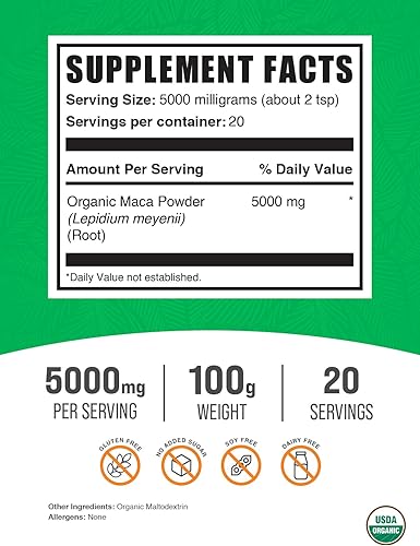 Miniatura 2 de BulkSupplements. com Polvo de maca orgánica  Polvo de raíz de maca orgánica, suplemento superalimentario  Sin gluten, 0.18 oz por porción, 100 g