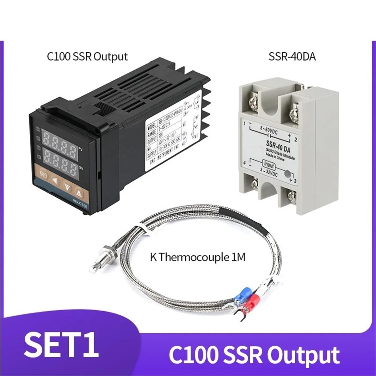 Regolatore di temperatura PID REX-C100 Termostato con display digitale a ingresso singolo tipo K AC110V-240V Uscita relè SSR 400℃(Set1 SSR Output)