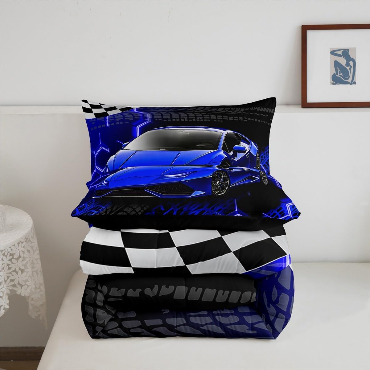 Feelyou Racing Car Bedding Set for Kids Boys Girls Twin Size - Speed Sports Comforter Set for Teens Adults - Soft Extreme Sports Duvet Quilt with Honeycomb Pattern - Bedroom Decor Quilt