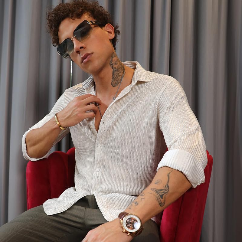 Image of CAHOOT Men's Hexagon-Lined Shirt | Casual Wear | Spread Collar | Long Sleeve | Button Closure | Shirt Crafted with Comfort Fit for Everyday Wear