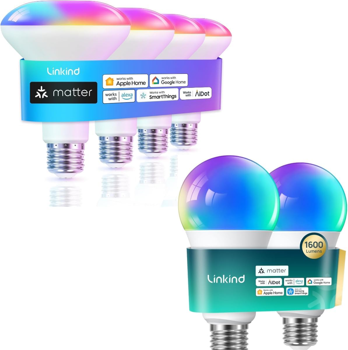 Matter Smart Light Bubs 1600LM 2 Pack Matter Smart Light Bulbs BR30 650LM 4 Pack, Work with Apple Home/Alexa/Siri/Google Home/SmartThings