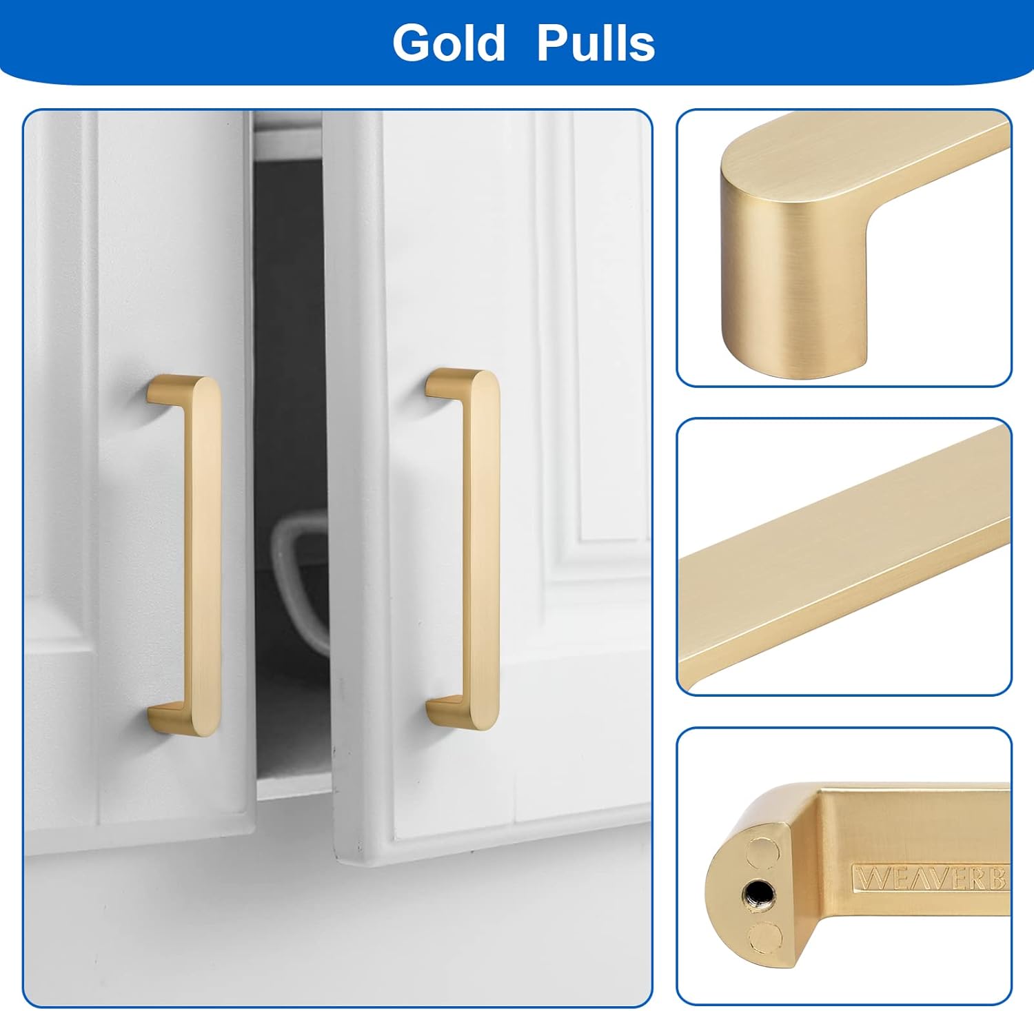 WEAVERBIRD 4 Pack Brushed Brass Finish Cabinet Handles Drawer Pulls Furniture Cabinet Hardware Cupboard Closet Zinc Alloy Gold Handles Pulls, 5 inch (128mm) Hole Distance