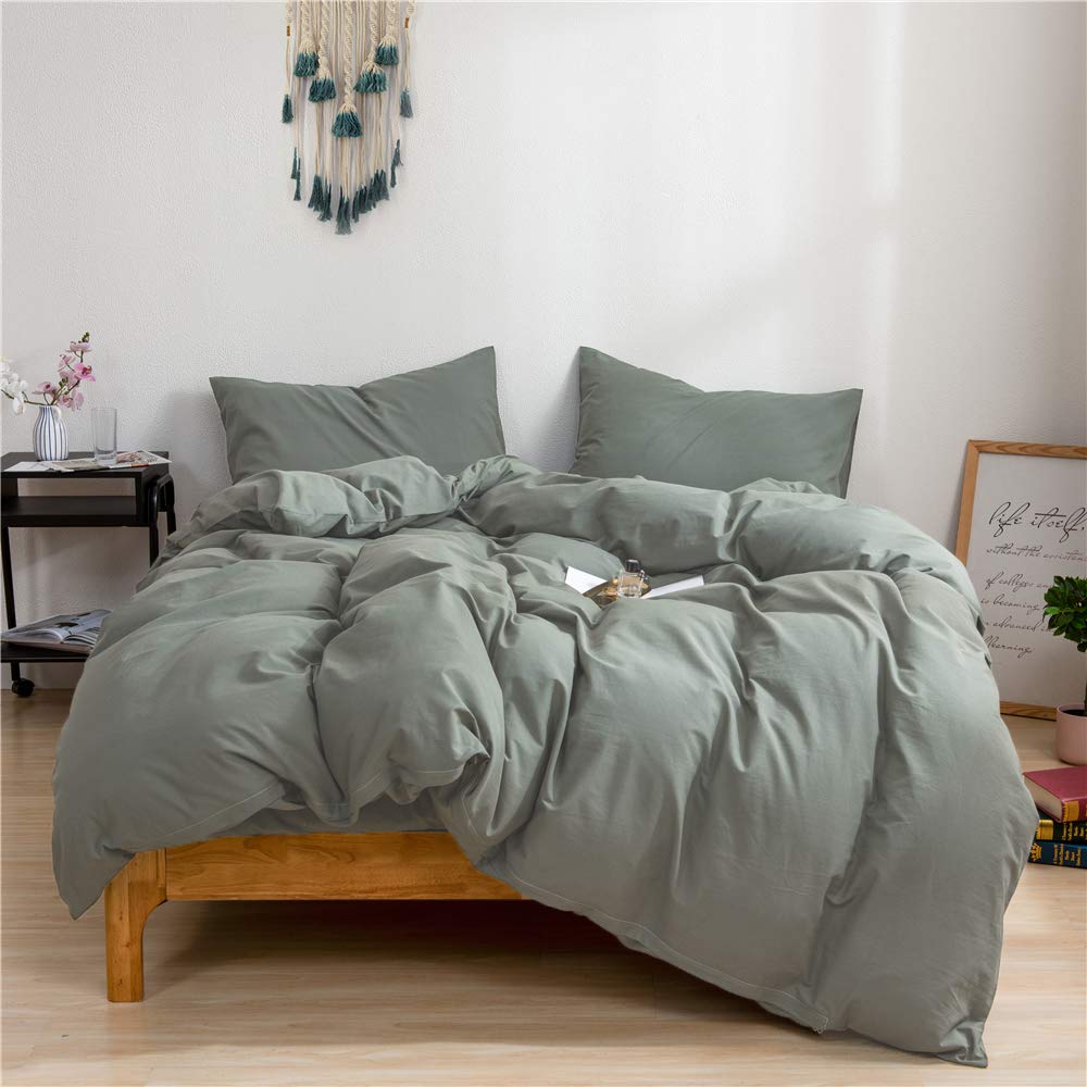 Mucalis Army Green Duvet Cover King 100% Natural Washed Cotton Duvet Cover Set 3pc Solid Modern Farmhouse Bedding Duvet Cover Set with Zipper Closure Corner Ties,Ultra Soft,Easy Care