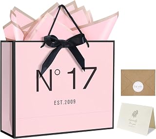 QLSKO 13" Birthday Gift Bag with Card Envelope Sticker Bow Ribbon and Tissue papers for Women Girls Design with Handles,13th-100th (EST.2009 17th, 13" W x 10.5" H x 4.3" D)