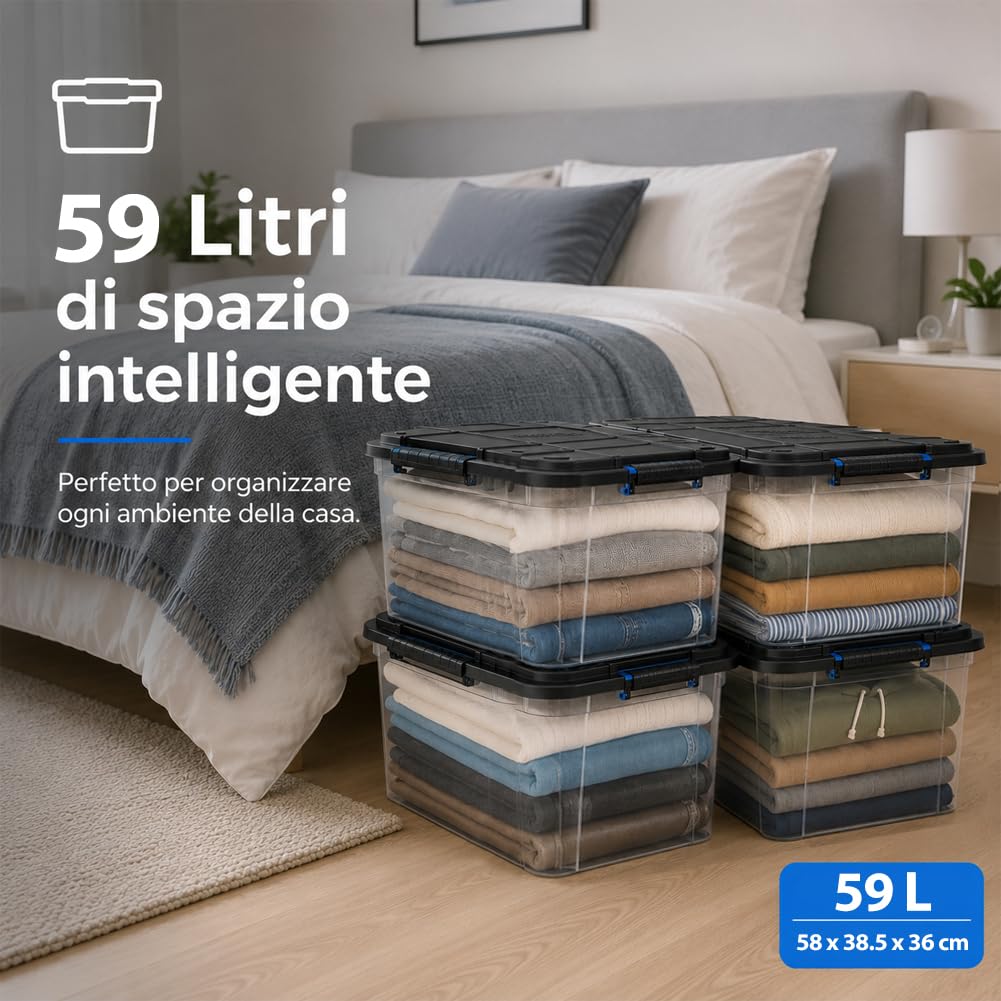 BAKAJI Set 4 Pezzi Contenitori con Coperchio e Ruote, Storage Box per Archiviazione Multiuso Giocattoli, Vestiti, Attrezzi, Accessori, Organizer Capiente e Robusto, Portaoggetti Stoccaggio