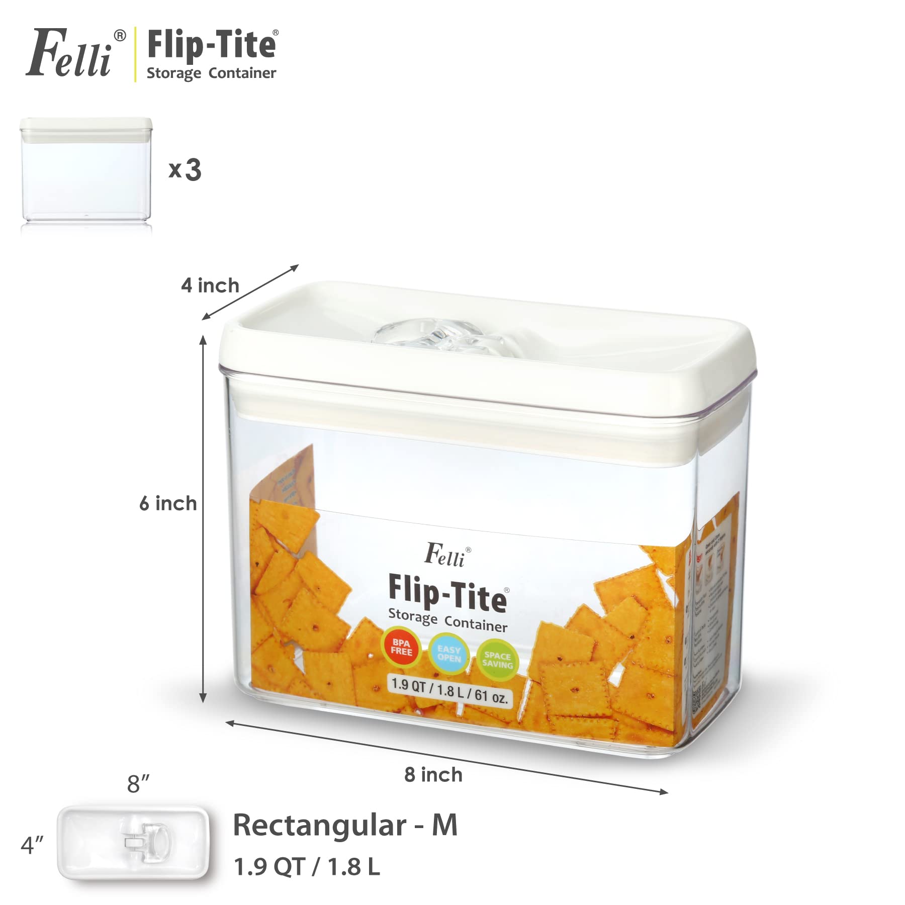 Felli Flip Tite Luftdichte Lebensmittelaufbewahrung Spaghetti-Behälter mit Deckeln, leicht versiegelter Mechanismus, stapelbarer Kühlschrank, Speisekammer, Küche, Organizer, Nudeln, 1.9 l, weiß)
