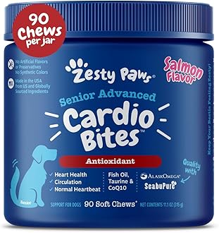Zesty Paws Cardiovascular Support for Dogs - Taurine for Dogs - with CoQ10, L Carnitine & Sea Buckthorn - Senior Heart Health - AlaskOmega Fish Oil Omega 3 - Senior - Salmon - 90 Count