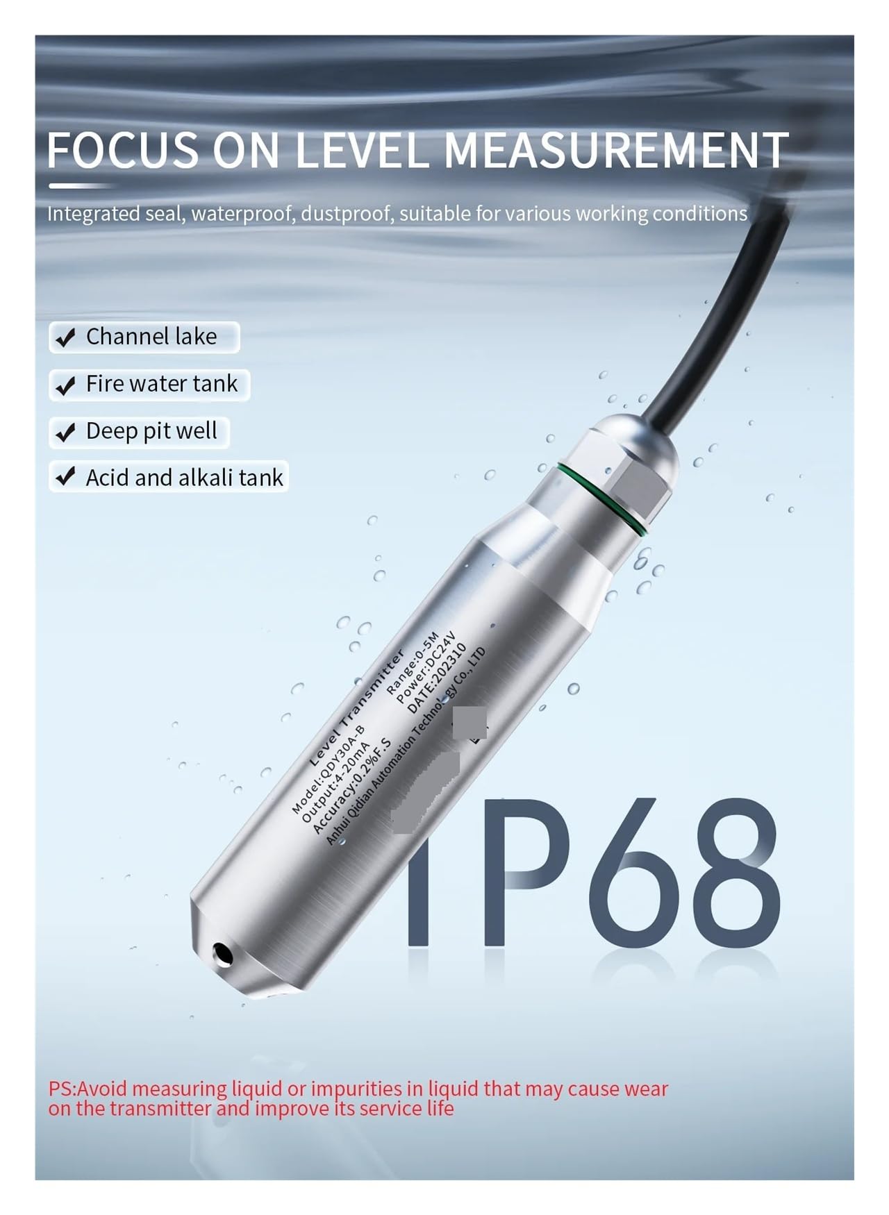 Trasmettitore del sensore di livello liquido 0-3m 5m 10m 4-20mA 0-10V 0-5V Sonda Trasduttore idrostatico for serbatoio dell'acqua Anti-piegamento(5m Range 10m Cable,4-20mA)