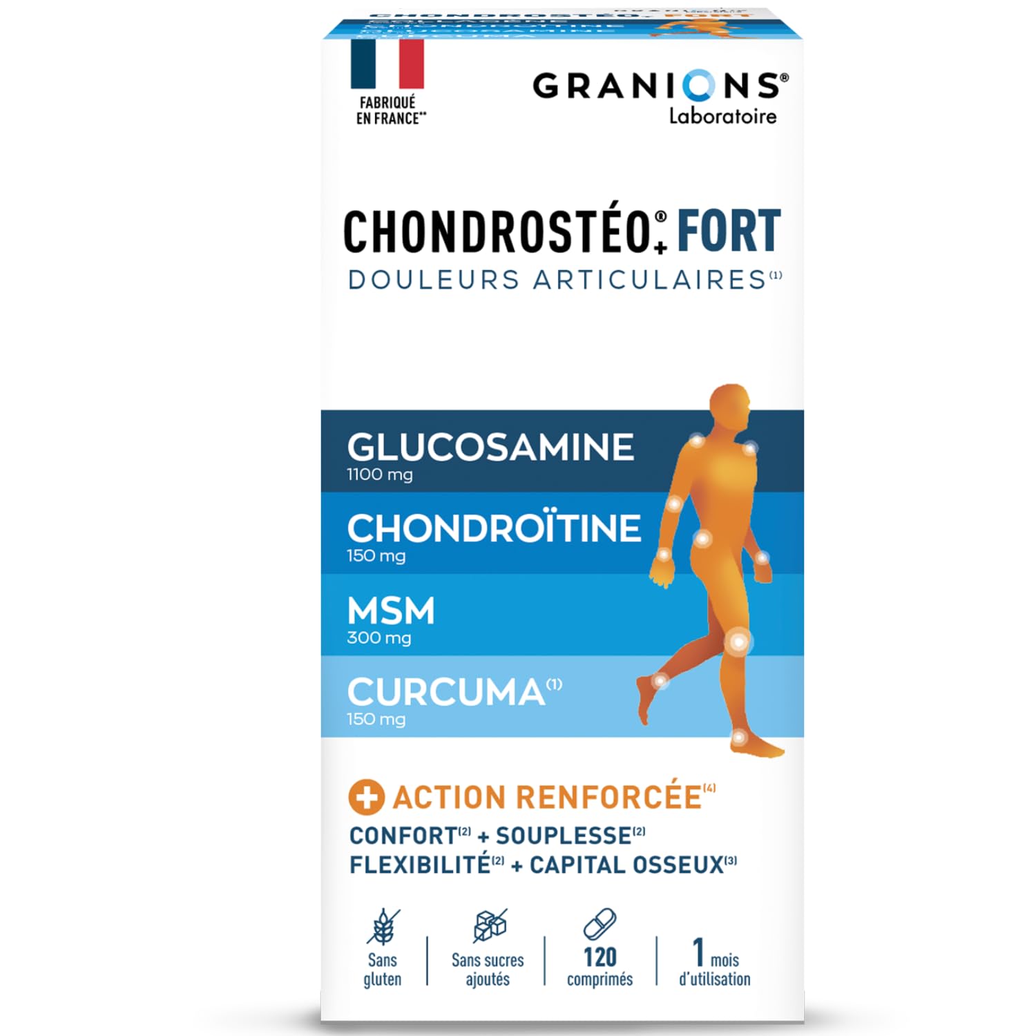 GRANIONS CHONDROSTEO+ FORT Articulations - Formule Renforcée - Curcuma - Mobilité & Souplesse Articulaire, Flexibilité, Capital Osseux - Glucosamine, Chondroïtine, MSM, Curcuma - 120 comprimés